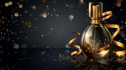 In this 3D modern ad banner, the perfume bottle is adorned with gold ribbons, confetti, and glowing sparkles on black background. It is designed to represent a woman's fragrance cosmetic product and