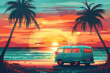 Retro Van at Tropical Sunset Shore