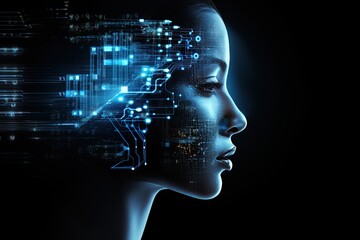 Glowing hologram face. Future technology and artificial intelligence concept. Ai Generative