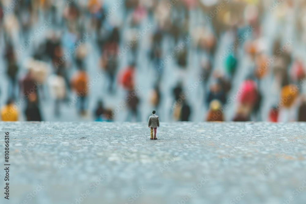 Poster small figurine standing in front of a crowd of people. suitable for various concepts and ideas