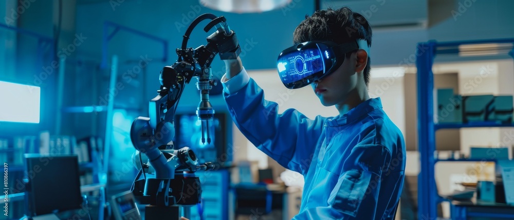 Sticker An Engineer from a Japanese development agency in a blue shirt controls a futuristic robot arm with a virtual reality headset and a joystick in a high-tech research laboratory loaded with modern