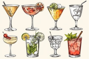 A colorful illustration of different cocktails. Perfect for menu designs