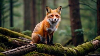Naklejka premium Portrait of a red fox sitting on a log in the woods forest. Animal mammal photography illustration. Vulpes vulpes.