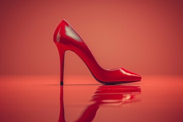 A solitary red high heel shoe is presented on a lustrous red backdrop, symbolizing independence and fashion