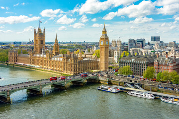 London cityscape with Houses of Parliament and Big Ben tower, UK