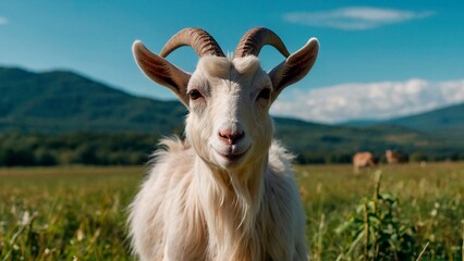 Fototapeta premium Beautiful portrait of horned white goat standing in the field meadow. Domestic animal mammal pet wildlife photography illustration. Capra hircus. 