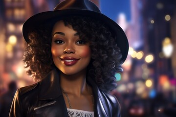 Portrait of a grinning afro-american woman in her 20s donning a classic fedora isolated in background of bright city lights