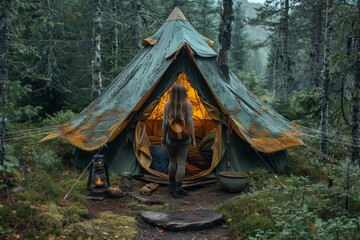 Mysterious and inviting, this image features a woman standing at the tent entrance in a dense forest, with a warm light glowing from within