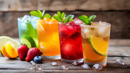 assortment of fresh iced fruit drinks on wooden