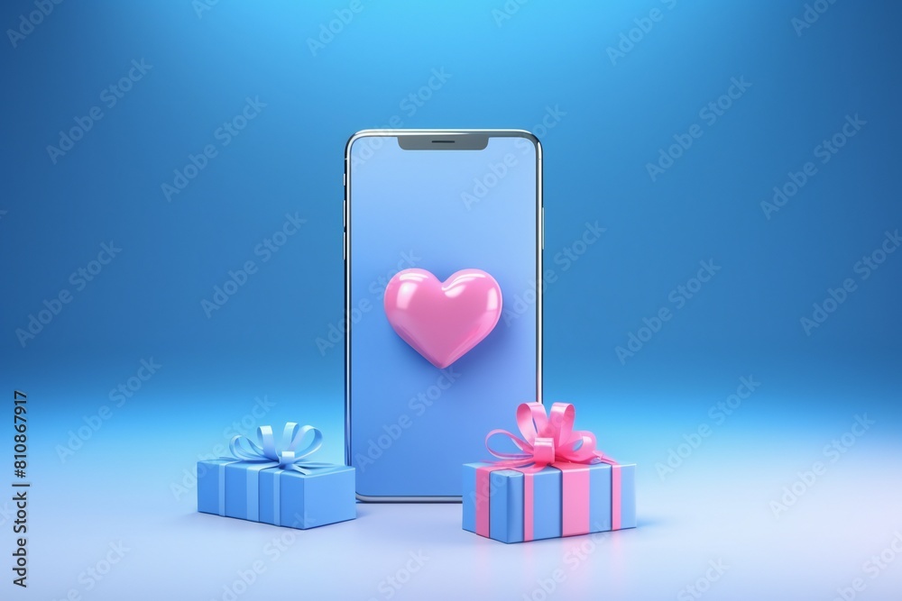 Sticker Mobile phone with a postcard, gift box with a big bow on a blue background. Gift wrap. 3D illustration, created by ai