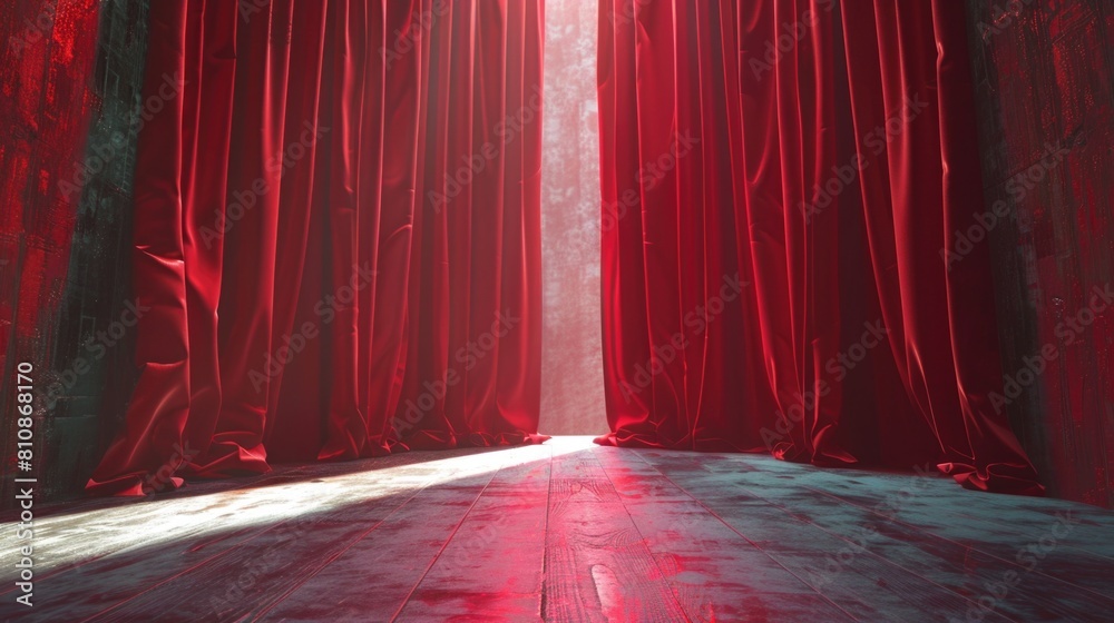Poster A room with red curtains and a beam of light shining through. Suitable for various design projects
