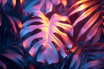 Close-up of a tropical monstera leaf with a captivating neon blue and red illumination