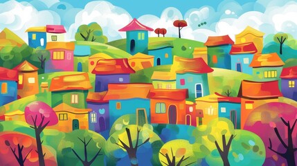 Fototapeta premium A colorful painting of a town with houses of different colors