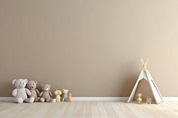 Interior of a children's room with a tent and a bear in beige tones,  generated by AI