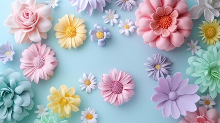 A colorful array of flowers are arranged on a pink and blue background
