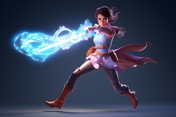 warrior girl from a computer game with a lightning weapon,  generated by AI. 3D illustration
