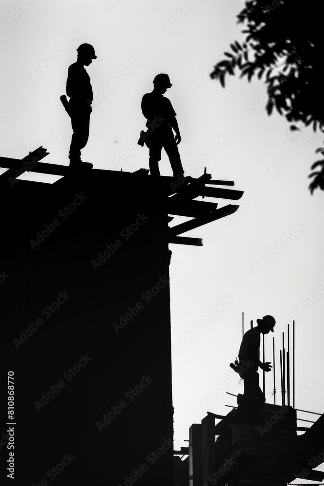 Poster two men standing on top of a building. suitable for urban and teamwork concepts