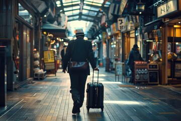A man walking down a street with a suitcase. Suitable for travel concepts