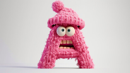 A 3D letter "A" with eyes and mouth, adorned with a woolen hat, creating a very cute shape. This charming design is set against a white background, adding a delightful touch to any project