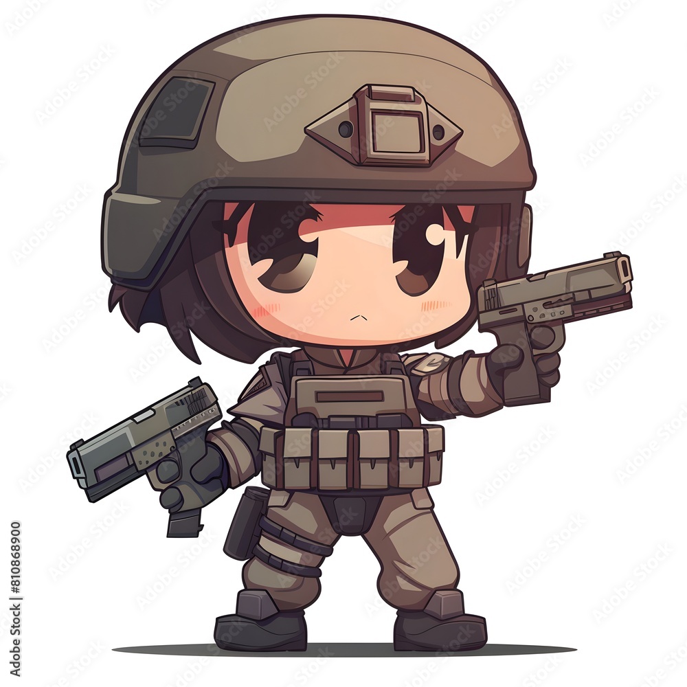 Wall mural The cute soldier It is wearing tactical gear including a helmet with goggles and ear protection or communication devices attached and hold guns