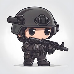 The cute soldier It is wearing tactical gear including a helmet with goggles and ear protection or communication devices attached and hold guns