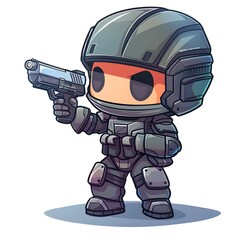 The cute soldier It is wearing tactical gear including a helmet with goggles and ear protection or communication devices attached and hold guns