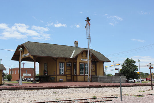 Bertram, TX - June 8, 2023: Historic Train Depot on Cloudy Day in Bertram Texas