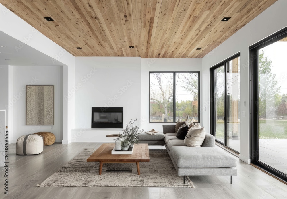 Wall mural a minimalist living room with a wooden ceiling, white walls and a grey sofa, featuring natural light