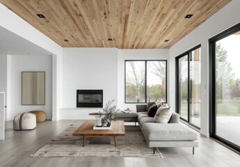 A minimalist living room with a wooden ceiling, white walls and a grey sofa, featuring natural light and large windows