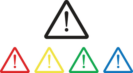 Warning icon in various colors isolated on white background . Warning triangle icon set . Alert icon vector . Caution icon