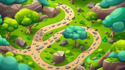 This infographic cartoon modern illustration depicts a roadtop view with steps, a rocky windy trail with pebbles, green grass and rocks along the way, and a valley with scenic landscapes.