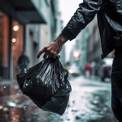 Obraz premium A person holding a black garbage bag on a rainy city street