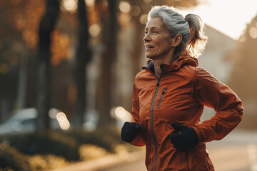 Obraz premium Woman in Orange Jacket Running Down Street. Generative AI