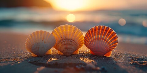Three sea shells on the beach at sunset.