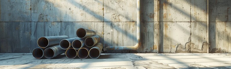 Many pipes that are stacked up against a wall. Banner