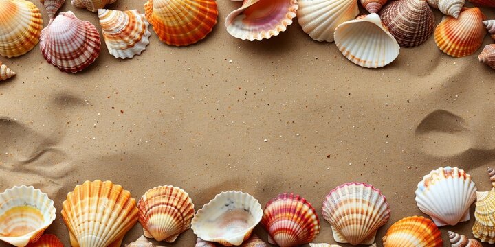 A frame of shells on a sandy beach.