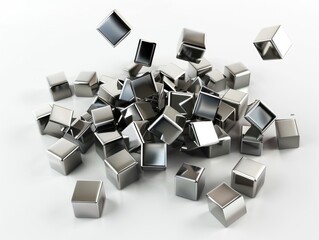 A pile of metal cubes on a white surface.