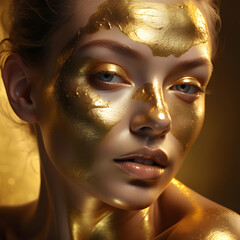 Close-up of face of a fictional Caucasian woman lying on the bed of a beauty salon with gold mask applied onto her skin. Concept of skin care, anti-aging solutions, cosmetics and beauty. 