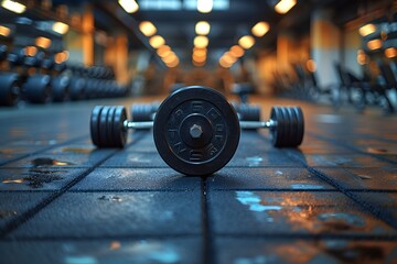 Dumbbell and barbell on dark industrial gym floor with lighting fixtures overhead
