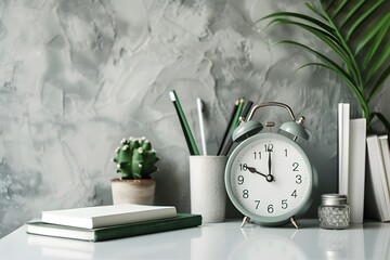 Retro Alarm Clock on Minimalist Desk with Office Supplies Symbolizing Productivity and Time