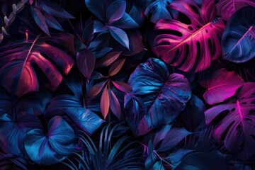 Violet tropical leaves glowing in the dark, creating a stunning pattern