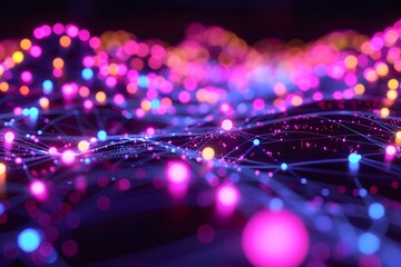 Intricate Interconnected Digital Landscape with Glowing Energy Nodes and Neon Color Scheme