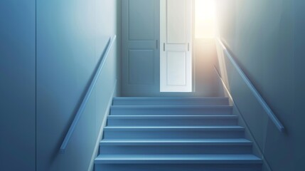 The empty staircase is illuminated from above by an open door. Modern realistic interior with a stair with white steps and a doorway. Concept of hope, future opportunity, and success.