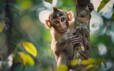 A cute monkey lives in a natural forest during a sunny day