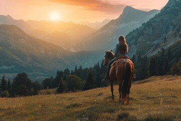 A woman is riding a horse in a field with mountains in the background. The sun is setting, creating a warm and peaceful atmosphere - Powered by Adobe