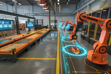 Advanced Robotic Assembly Line with Augmented Reality Guidance in Futuristic Industrial Setting