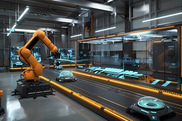 Robotic Assembly Line with Augmented Reality Guidance in Futuristic Industrial Setting