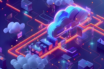 Vibrant Isometric Cloud Computing Platform with Interconnected Services and Infrastructure