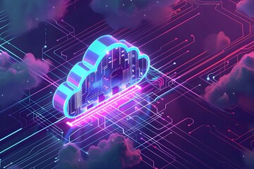 Vibrant Isometric Cloud Computing Platform with Interconnected Digital Infrastructure and Services
