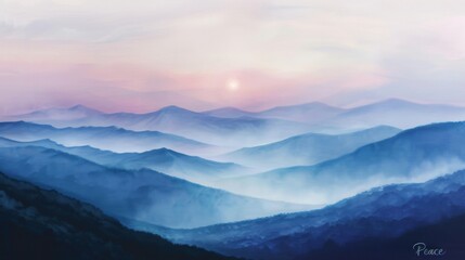 The beauty of a peaceful sunrise over misty mountains, soft pastel colors, gentle fog rolling over peaks, and a sense of stillness in the landscape, the peacefulness of the early morning hour